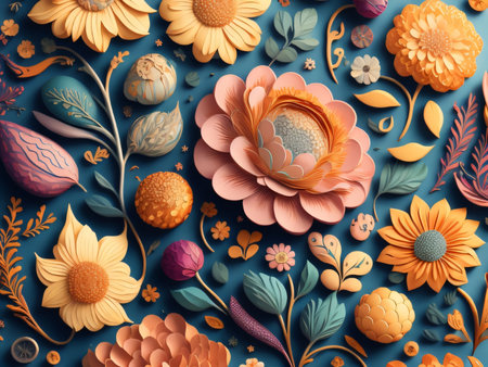 3d render of colorful floral background with flowers and leafs.の素材