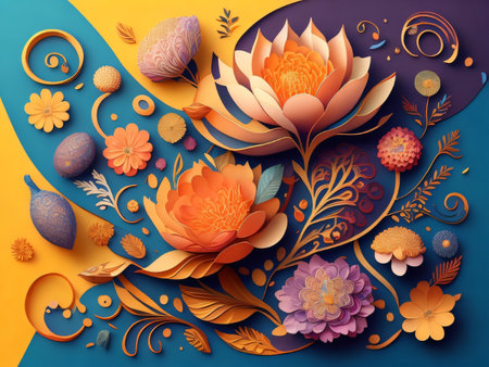 Abstract floral background with flowers in paper cut style. Vector illustration.の素材