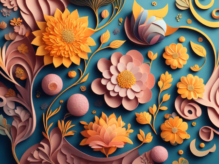 3d render, abstract floral background with flowers, leaves and ballsの素材