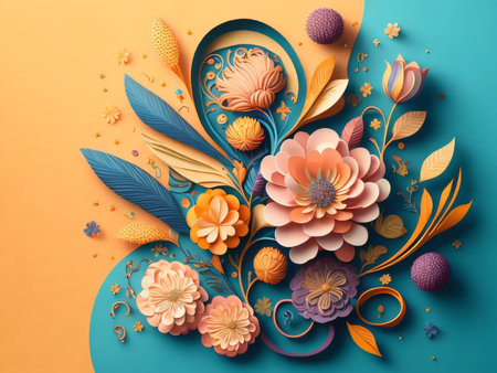 3d illustration of colorful floral background with paper cut flowers and leavesの素材