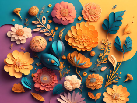 Paper cut flowers background. Paper art style. 3d rendering.の素材