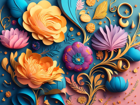 3d render, abstract floral background with flowers, leaves and curls.の素材