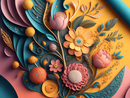 3d render, abstract floral background with flowers, leaves and berries.の素材
