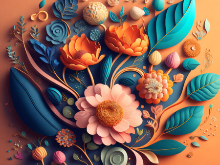 3d illustration of abstract composition with flowers and leaves on orange backgroundの素材