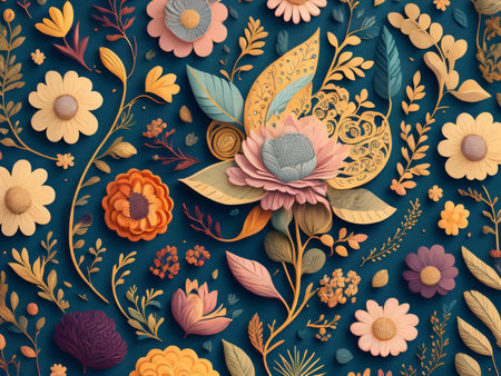 3d render of floral background with flowers and leaves in paper cut styleの素材