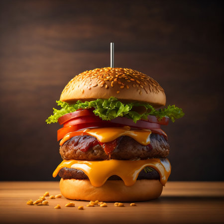 Big tasty hamburger on wooden table with copy space, closeupの素材