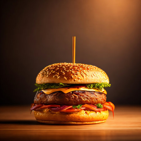 Hamburger on wooden table with copy space. Fast food conceptの素材