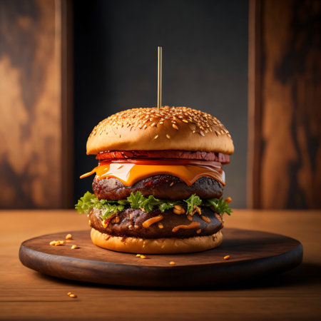 Hamburger on a wooden background. American fast food concept.の素材