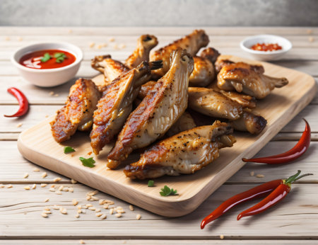 Grilled chicken wings on wooden cutting board with red chili pepper and sauceの素材