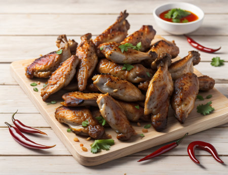 Grilled chicken wings with chili pepper and parsley on wooden boardの素材