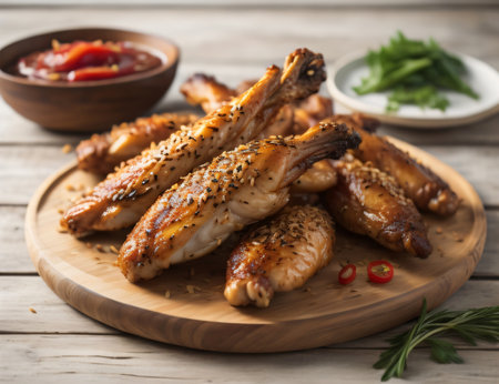 Grilled chicken wings with sesame seeds on wooden board, closeupの素材