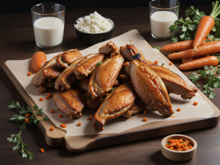 Grilled chicken wings with white rice and carrots on a wooden boardの素材