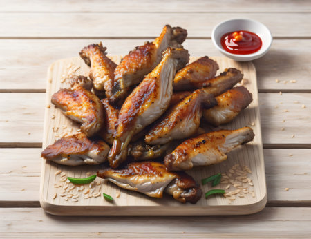 Grilled chicken wings on wooden plate with ketchup on wooden backgroundの素材