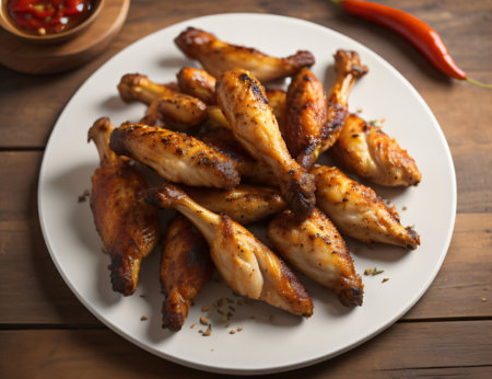 Grilled chicken wings on a plate with chili sauce on wooden backgroundの素材
