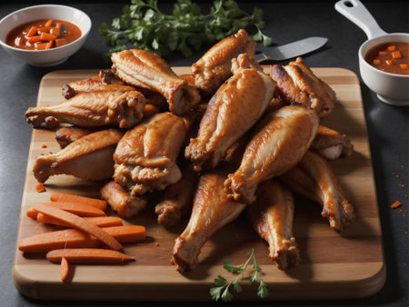 Roasted chicken wings with carrot and parsley on wooden cutting boardの素材