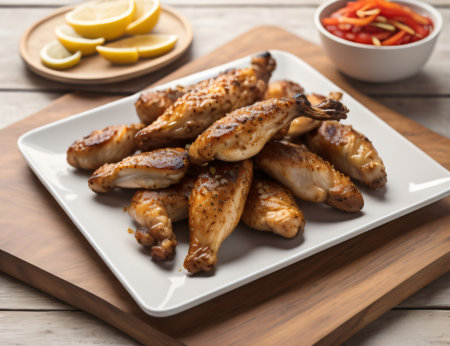 Plate with tasty grilled chicken wings on wooden table, closeupの素材