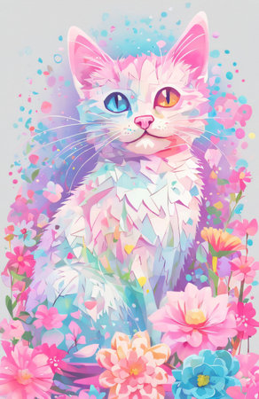 Cute cat with flowers, watercolor painting. Vector illustration.の素材