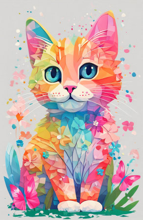 Vector illustration of cute cat with flowers and butterflies. Colorful background.の素材