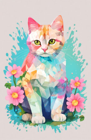 Vector watercolor portrait of a cat with flowers on a white backgroundの素材