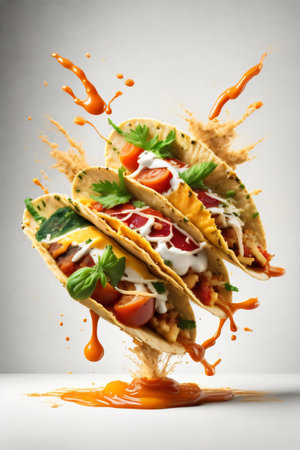Tacos with vegetables and sauce splashes on a gray backgroundの素材