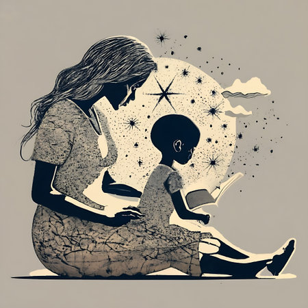Illustration of a mother and her son sitting on the moon.の素材