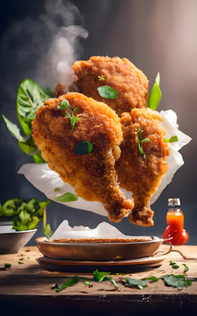 Crispy fried chicken legs with spices and herbs on a wooden tableの素材