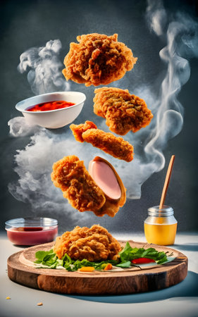 Fried chicken nuggets flying in the air. Fast food.の素材