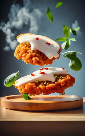 Fried fish cakes with sour cream and spices on a wooden standの素材
