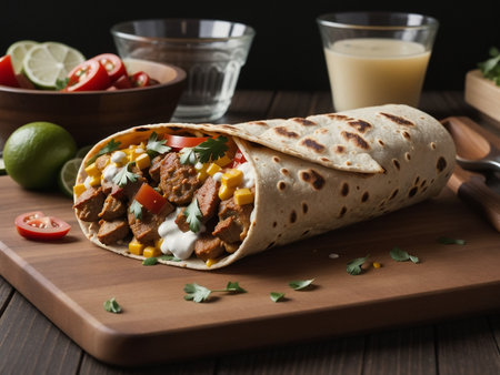 Tortilla wrap with beef and vegetables on wooden board, closeupの素材