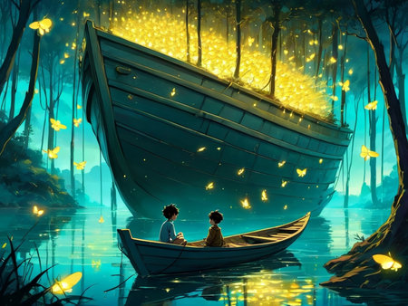 a boy is sitting in a boat on the water dream scenery art among wonderful golden fireflies, very beautiful fantasy artの素材