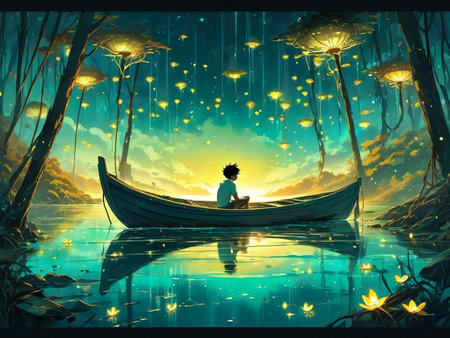 a boy is sitting in a boat on the water dream scenery art among wonderful golden fireflies, very beautiful fantasy artの素材