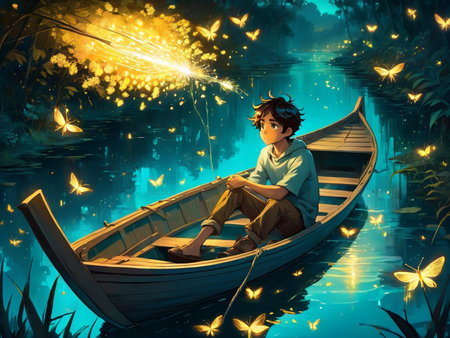 a boy is sitting in a boat on the water dream scenery art among wonderful golden fireflies, very beautiful fantasy artの素材