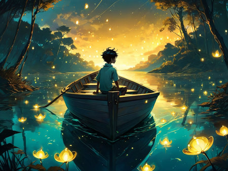 a boy is sitting in a boat on the water dream scenery art among wonderful golden fireflies, very beautiful fantasy artの素材
