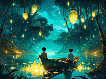 a boy is sitting in a boat on the water dream scenery art among wonderful golden fireflies, very beautiful fantasy artの素材