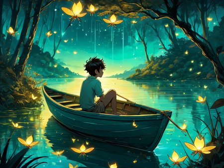 a boy is sitting in a boat on the water dream scenery art among wonderful golden fireflies, very beautiful fantasy artの素材