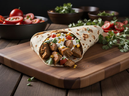 a burrito sitting on top of a wooden cutting board, kebabの素材