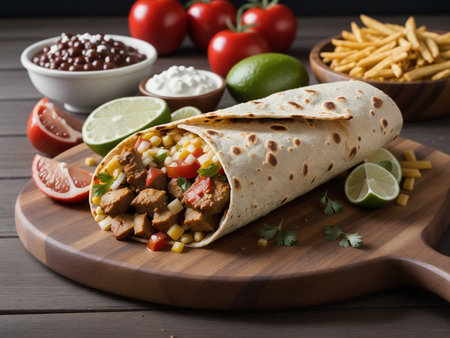 a burrito sitting on top of a wooden cutting board, kebabの素材
