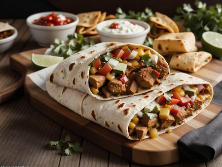 a burrito sitting on top of a wooden cutting board, kebabの素材