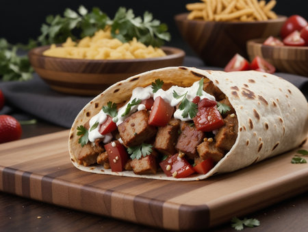a burrito sitting on top of a wooden cutting board, kebabの素材