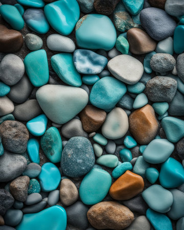 a close up of a bunch of rocks, rocks blue wall, turquoise, smooth rocks, many small and colorful stonesの素材