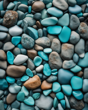 a close up of a bunch of rocks, rocks blue wall, turquoise, smooth rocks, many small and colorful stonesの素材
