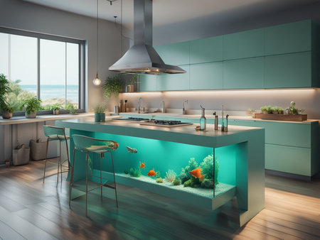 a fish tank in the middle of a kitchen interior furnitureの素材