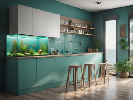 a fish tank in the middle of a kitchen interior furnitureの素材