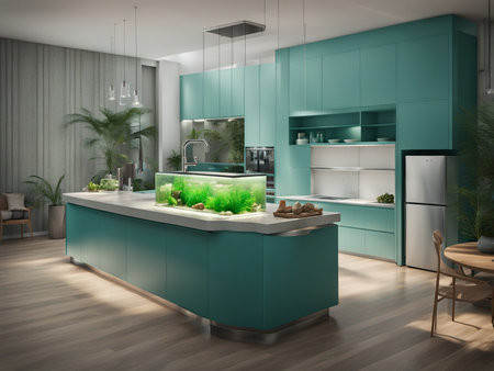 a fish tank in the middle of a kitchen interior furnitureの素材