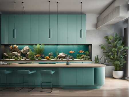 a fish tank in the middle of a kitchen interior furnitureの素材