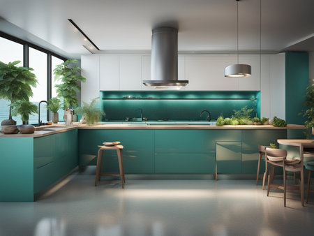 a fish tank in the middle of a kitchen interior furnitureの素材
