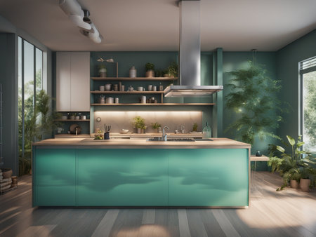a fish tank in the middle of a kitchen interior furnitureの素材