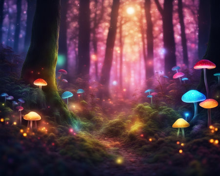 a forest filled with lots of different colored lights, magical forest backround mushroom natureの素材