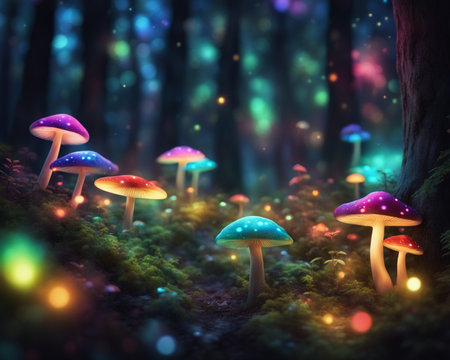 a forest filled with lots of different colored lights, magical forest backround mushroom natureの素材