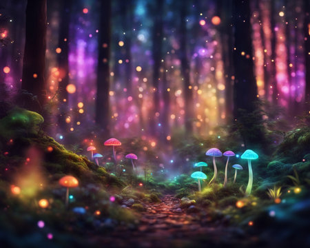 a forest filled with lots of different colored lights, magical forest backround mushroom natureの素材